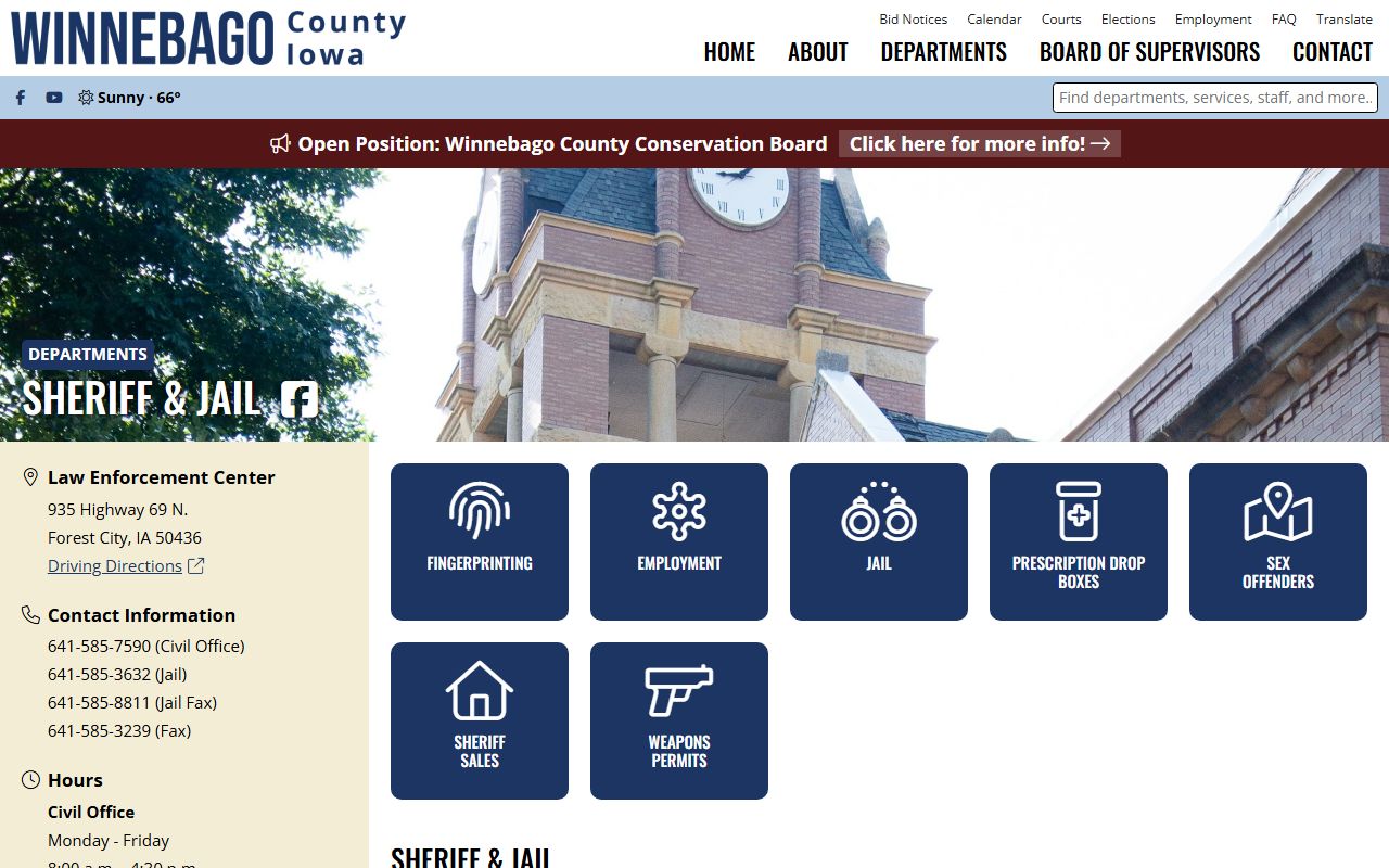 Winnebago County Jail custody contact information for Hancock County inmates